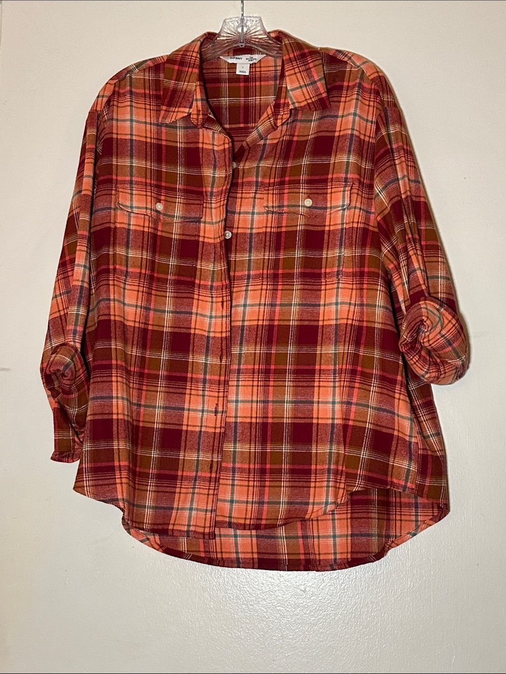 Old Navy the Boyfriend Shirt Women's Plaid Button-Down Shirt - Red & Orange